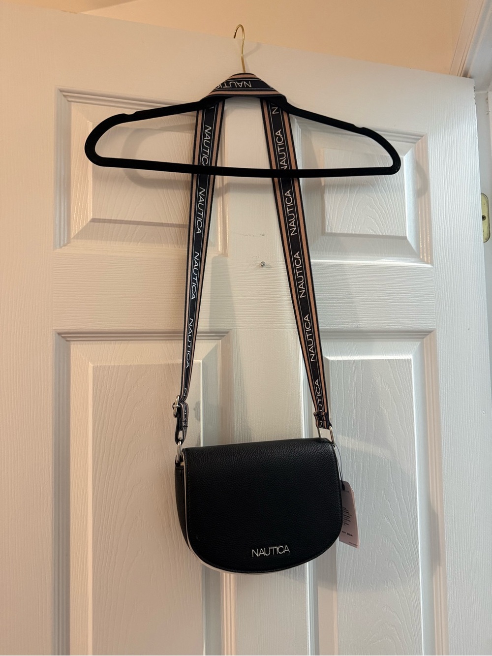 Nautica Black Crossbody Saddle Bag with Branded Navy-Trim Strap